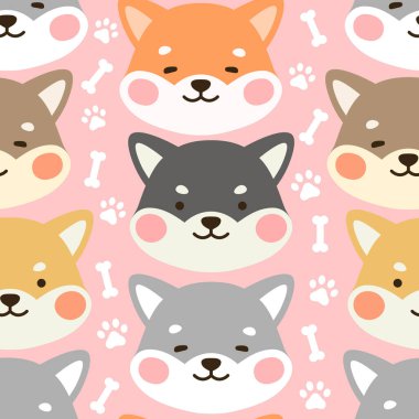 Kusursuz Şablon Arkaplanı, Köpek pençesi ve kemiği olan Mutlu Şiba İnu, Karikatür Shiba Köpek Vector çizimi, İskandinav duvar kağıdı arka planı