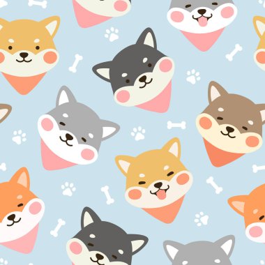 Kusursuz Şablon Arkaplanı, Köpek pençesi ve kemiği olan Mutlu Şiba İnu, Karikatür Shiba Köpek Vector çizimi, İskandinav duvar kağıdı arka planı