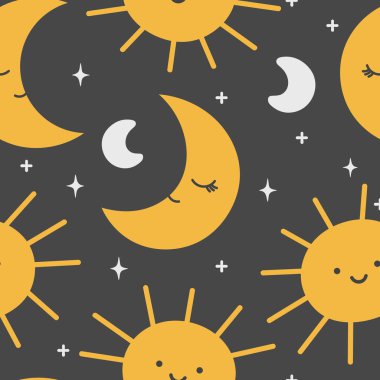 Güneş ve Ay Sevimli Kusursuz Desen, Çizgi Film Vektör İllüstrasyonu, Çizgi Film Arkaplanı