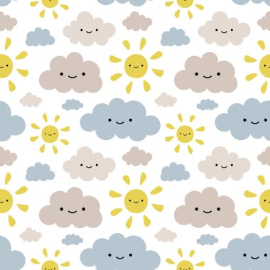 Bulut ve Güneş Sevimli Kusursuz Desensiz Arkaplan, Vektör illüstrasyonu 