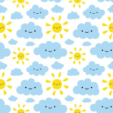 Bulut ve Güneş Sevimli Kusursuz Desensiz Arkaplan, Vektör illüstrasyonu 