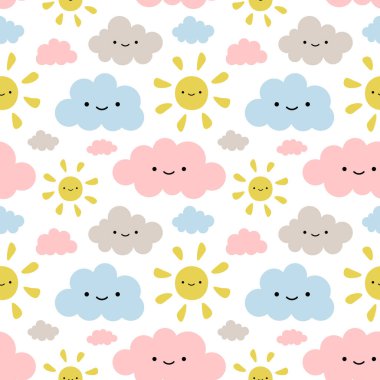 Bulut ve Güneş Sevimli Kusursuz Desensiz Arkaplan, Vektör illüstrasyonu 