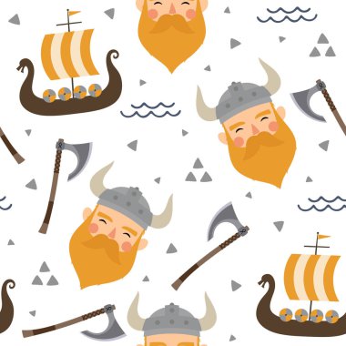 Vikingler Viking gemisi ve savaşçı baltası ile kusursuz bir model, çocukça İskandinav vektör geçmişi