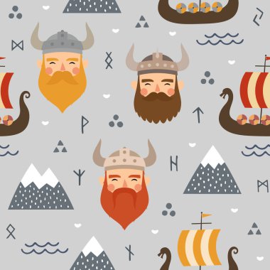 Vikinglerin viking gemisi, çocukça İskandinav vektör geçmişi, çocuk kıyafetleri, kumaş, tekstil, çocuk vektör çizimi