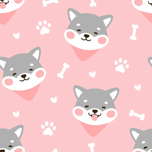 Dog Seamless Pattern Background Happy Shiba Inu Dog Paw Bone — 스톡 벡터