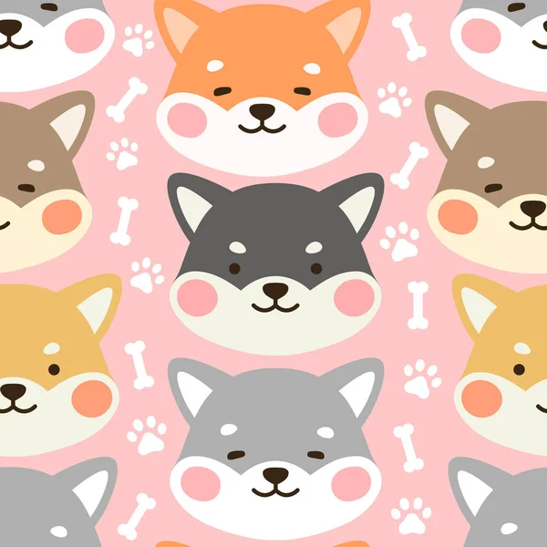 Dog Seamless Pattern Background Happy Shiba Inu Dog Paw Bone — Stock Vector