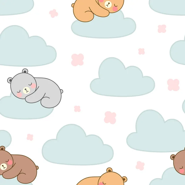 Cute Teddy Bear Sleeping Clouds Sky Seamless Pattern Vector Background — Stock Vector