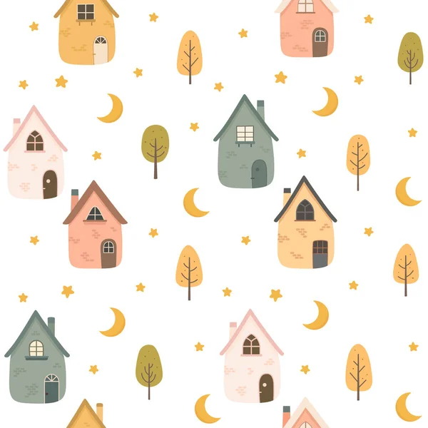 Cute Houses Childish Seamless Pattern Vector Illustration Cartoon Scandinavian Cityscape — Stock Vector