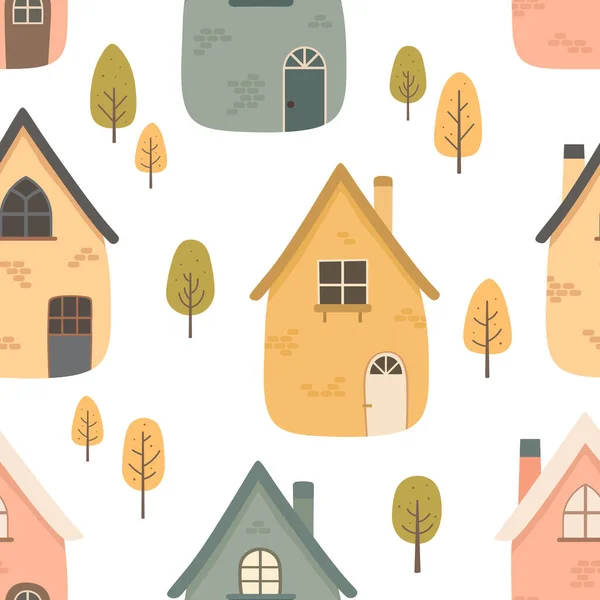 Niedliche Häuser Kindisch Nahtlose Mustervektorillustration Karikatur Skandinavisches Stadtbild Tapete Für — Stockvektor