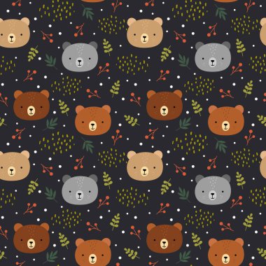 Sevimli oyuncak ayı deseni, pürüzsüz arka plan, yapraklı el çizimi karikatür, vektör çizimi