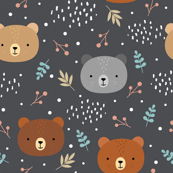 Cute Teddy Bears Pattern Seamless Background Hand Drawn Cartoon Leaves — Stock Vector