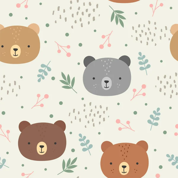 Niedliche Teddybärenmuster Nahtloser Hintergrund Handgezeichnete Karikatur Mit Blättern Vektorillustration — Stockvektor