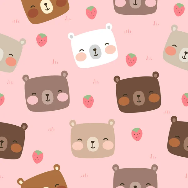 Teddy Bear Seamless Pattern Background Strawberry Happy Cute Bear — Stock Vector
