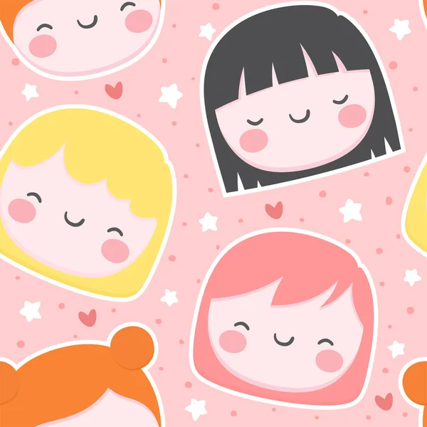 Cute Girls Faces Pink Background Stars Hearts Dots — Stock Vector