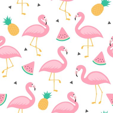 Flamingolu, ananaslı ve karpuzlu kusursuz desen. vektör illüstrasyonu