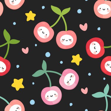 Kiraz meyvesi şekilleri, karikatür dikişsiz arkaplan, vektör çizimi