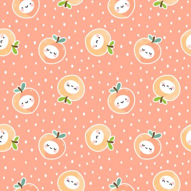 Sevimli şeftali meyvesi pürüzsüz desen, tekrarlanan çizgi film arkaplanı, vektör illüstrasyonu