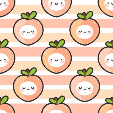 Sevimli şeftali meyvesi pürüzsüz desen, tekrarlanan çizgi film arkaplanı, vektör illüstrasyonu