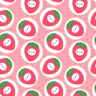 Çilek yüzlü desen, karikatür dikişsiz arkaplan, vektör illüstrasyonu