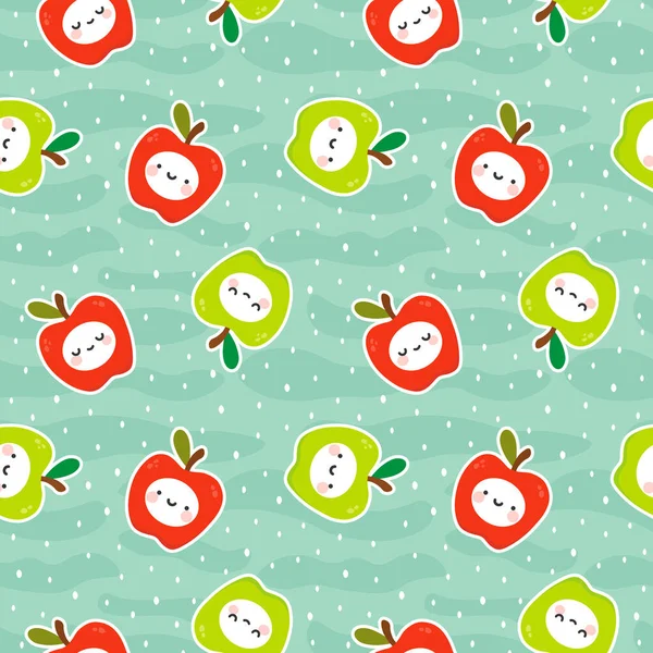 Cute Apple Fruits Kawaii Faces Seamless Pattern Repeated Cartoon Background — Stock Vector