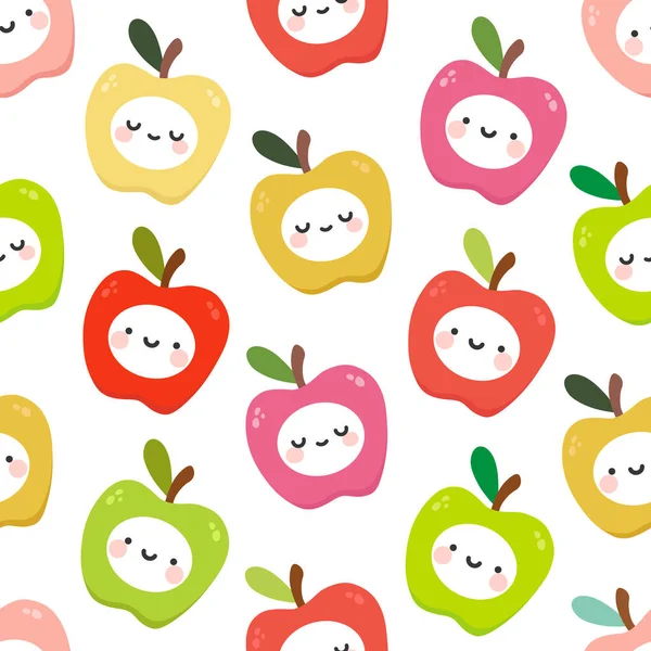 Schattige Appel Vruchten Kawaii Gezichten Naadloos Patroon Herhaalde Cartoon Achtergrond — Stockvector