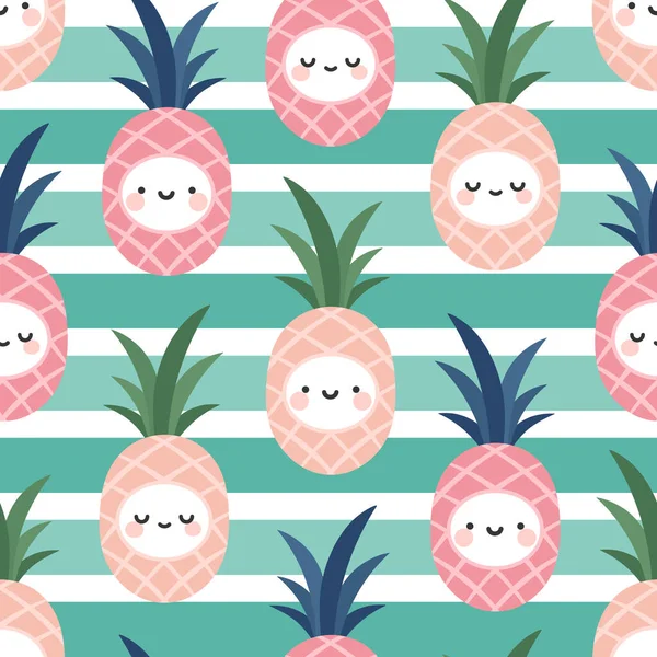 Cute Pineapple Fruits Kawaii Faces Seamless Pattern Repeated Cartoon Background — Stock Vector