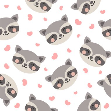 Sevimli rakunlar ve kalplerle kusursuz vektör deseni 
