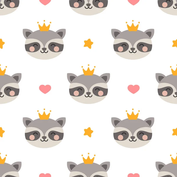 Vector Seamless Pattern Cute Raccoons Crowns Hearts — Stock Vector