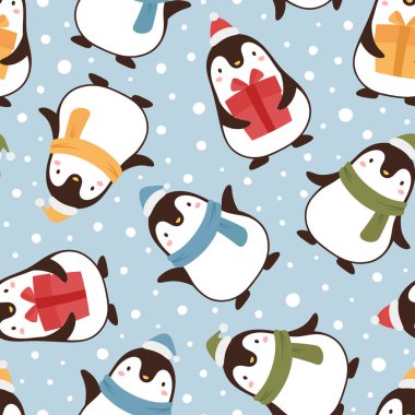 Mavi arka planda kutup penguenleri olan kusursuz noel deseni 