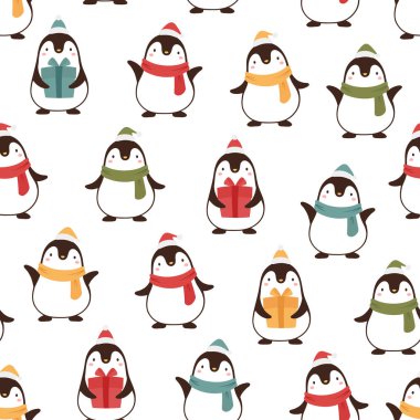 Eşarplı ve Noel Baba şapkalı penguenlerle kusursuz bir Noel deseni. 
