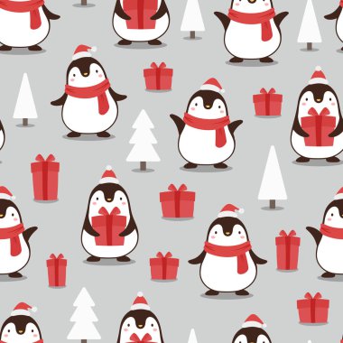 Noel 'de kutup penguenleri hediye ve ağaçlarla kusursuz bir desen oluşturur.