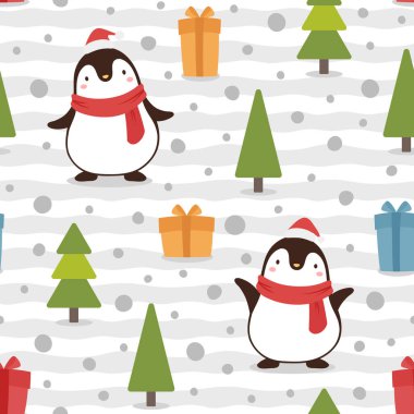 Penguenler, hediyeler ve noel ağaçlarıyla kusursuz bir desen.