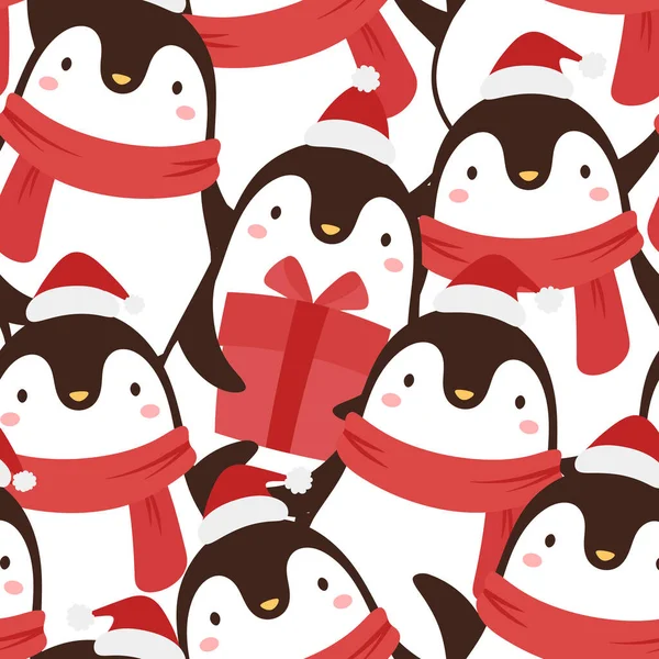 Seamless Pattern Christmas Penguinsin Santa Hats Holiday Background — Stock Vector