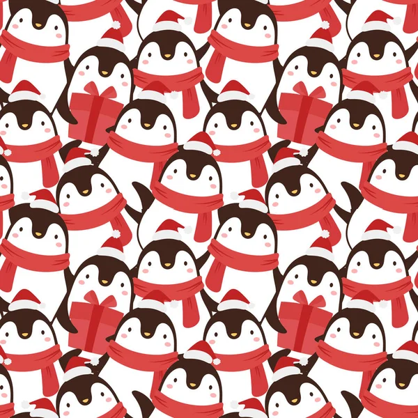 Seamless Pattern Christmas Penguins Holiday Background — Stock Vector