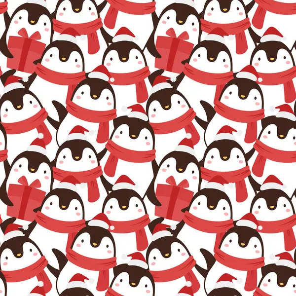 Seamless Pattern Christmas Penguins Holiday Background — Stock Vector