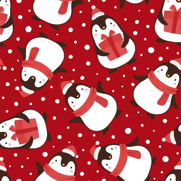 Christmas Seamless Pattern Penguins Red Background — Stock Vector