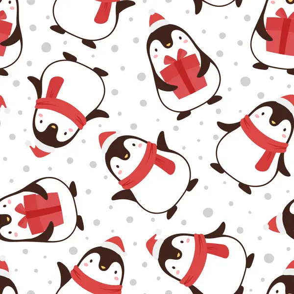 Christmas Seamless Pattern Penguins Holding Gifts Snowy Background — Stock Vector