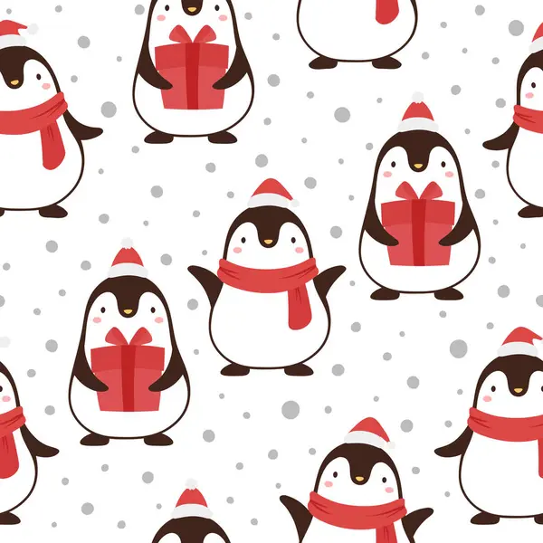 Рождество Бесшовный Узор Пингвинами Держа Подарки Снежном Фоне — стоковый вектор
