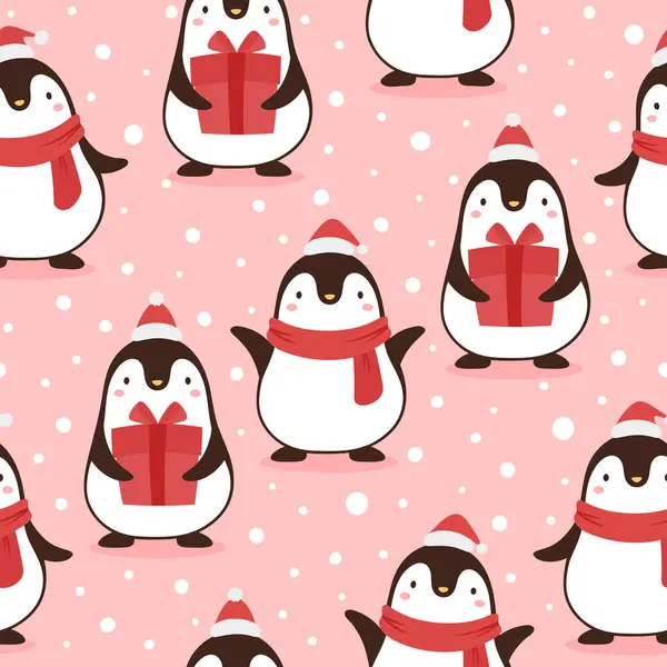 Christmas Seamless Pattern Penguins Pink Background — Stock Vector