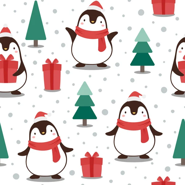 Christmas Seamless Pattern Penguins Presents Trees — Stock Vector