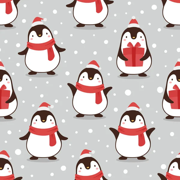 Christmas Seamless Pattern Penguins Snow Background — Stock Vector