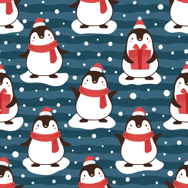 Patrón Sin Costuras Navidad Con Pingüinos Sobre Fondo Nieve — Archivo Imágenes Vectoriales