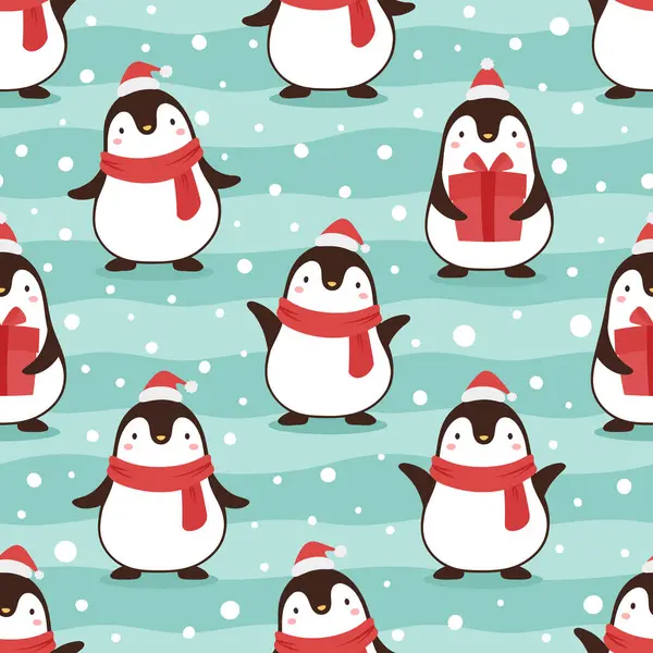 Patrón Sin Costuras Navidad Con Pingüinos Sobre Fondo Nieve — Vector de stock