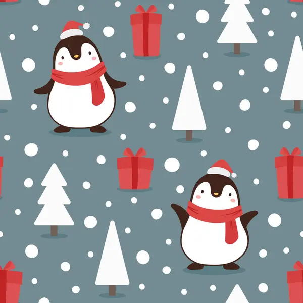 Christmas Seamless Pattern Penguins Santa Claus Hats Gifts Trees — Stock Vector