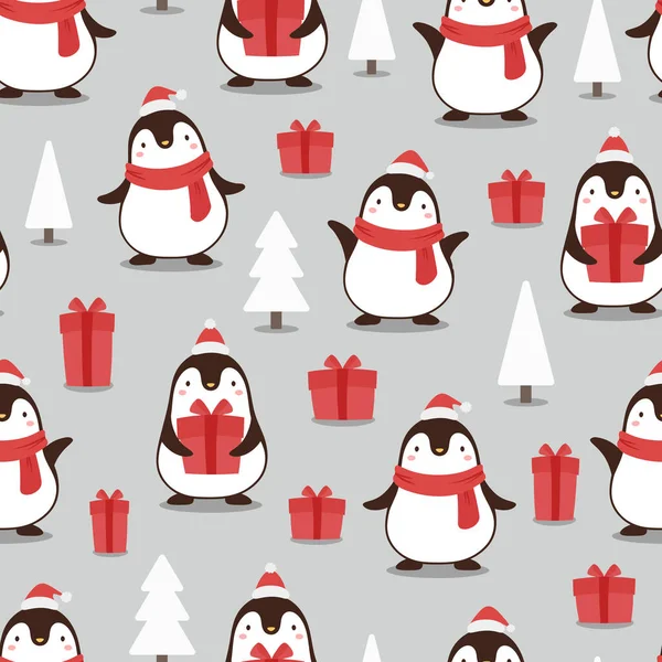 Christmas Seamless Pattern Polar Penguins Presents Trees — Stock Vector