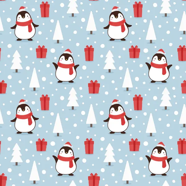Christmas Seamless Pattern Penguins Gifts Christmas Trees — Stock Vector
