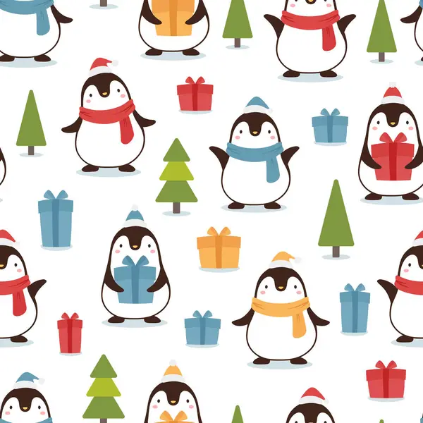 Patrón Sin Costuras Navidad Con Pingüinos Regalos Árboles Navidad — Vector de stock