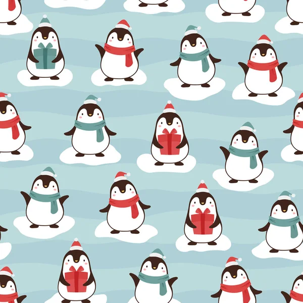 Christmas Seamless Pattern Penguins Clouds — Stock Vector