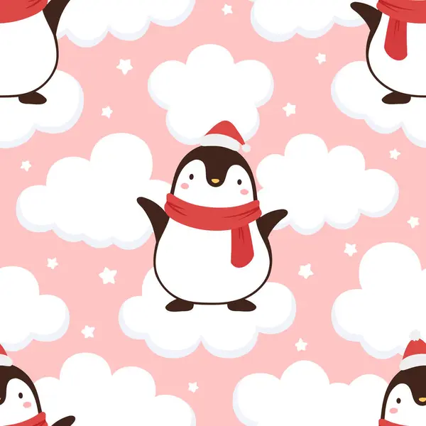 Christmas Seamless Pattern Penguins Santa Claus Hats — Stock Vector