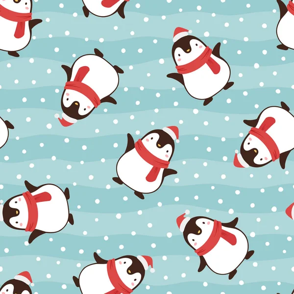 Christmas Seamless Pattern Penguins Santa Claus Hats — Stock Vector